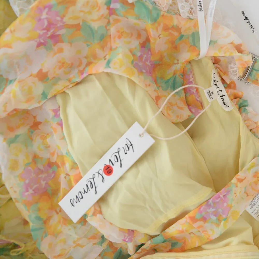 For Love & Lemons Vicki Sheer Tiered Yellow Lace Ruffle Maxi Dress M - Picture 12 of 13